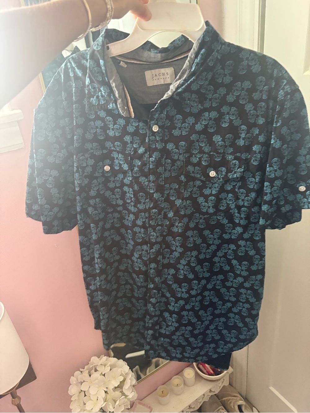 Jack by BB Dakota Black Short Sleeve Button-Down with Teal Floral Print